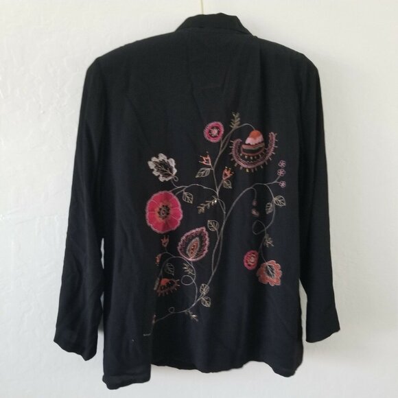 Asian Creations Womens Small Button Down Top Long Sleeve Floral Embroidery Black - Picture 2 of 7